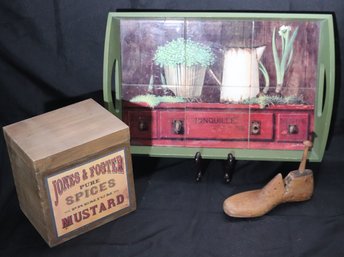Tray With Tile Design, Antique Wooden Shoe Form And Wooden Box.