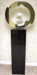 Vintage Aluminum Two-tone Clock On Tall Black Lacquered Pedestal With Center  Hole