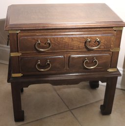 Lane Furniture Diminutive 2 Drawer Burl Wood Side Table Chest With Brass Accents.