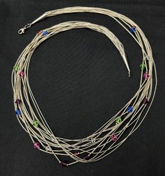 Sterling Silver 24 Inch Multi Strand Necklace With Colorful Cut Stone Garnishments