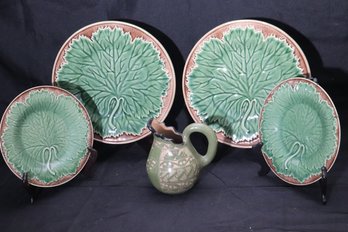Lot Includes 4 Wilfred Glazed Plates With Green Leaves, Small Costa Rican Pitcher & Italian Pitcher.