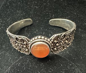Sterling Silver Open Back Very Detailed Bracelet With Opalescent Stone-Signed BA Indonesia