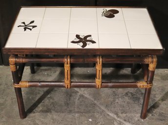 Cute Little Chinese Rattan Coffee Table With Ceramic Tile Top