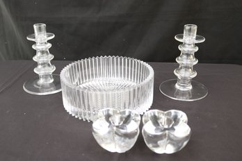 Includes Baccarat Crystal/ Glass Candle Holders With Pair Of Stylish Contemporary Glass Candlesticks And Bowl