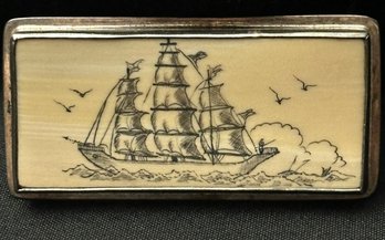 Sterling Silver Elligators Brooch Pin With Maritime Scrimshaw On Bone