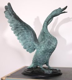 Heavy Patinated Metal Swan Sculpture  21 X 12 X 17 Inches