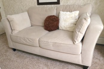 Beige Velvet Loveseat With Attached Pillows