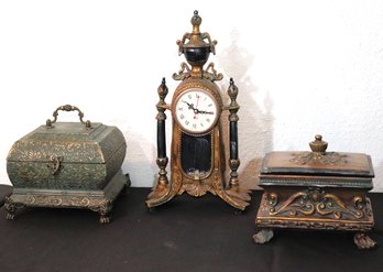 Two Decorative Footed Boxes, One With Internal Clock & A Decorative Quartz Clock