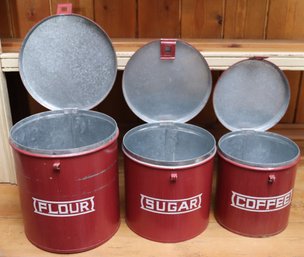 Three Pieces Red Painted Toleware Canister Set And Hand Painted S/P Set.