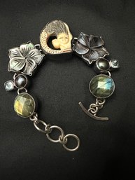 Sterling Silver Elligators Fancy Bracelet With Carved Bone, Mop Flowers And Semi Precious Cut Stones