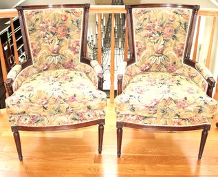 Pair Of French Louis XVI Tapestry Style Arm Chairs With Padded Armrest With Floral Tapestry Like Fabric