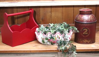 Decorative Vintage Toleware Tea Caddy, Italian Porcelain Centerpiece, And Wooden Basket.