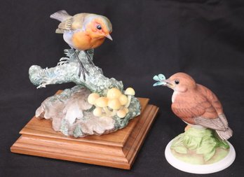 Boehm Porcelain Figurine Of A Baby Wood Thrush And Royal Worcester Robin.