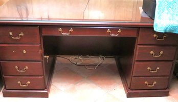 Wood Desk With Brass Handles Includes A Key & Glass Top