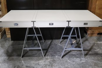 Contemporary Desk Table On Metal Frames- Please Note We Could Not Get The Drawers Open