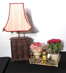 Vintage Wood Apothecary Box As Lamp & Tole Floral Tray With Faux Flower Arrangements