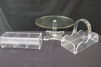 Vintage Acrylic Serving Pieces Including Basket, Pedestal Cake Dish And Garnish Holder