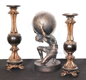 Pair Of Decorative Resin Candlesticks & Resin Atlas Figurine