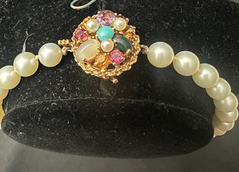 14K YG And Cultured Pearl Necklace With Baby Seed Pearls And Semiprecious Stone Accents On Clasp 17 1/2 Inches
