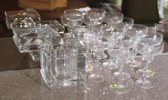 Vintage Lucite Champagne Holder With Swivel Top, Includes 8 Margarita Style Glasses