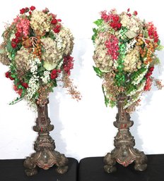 Pair Of Antique Baroque Style Brass Candlesticks With Inlaid Coral & Stone