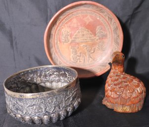 1960s Molcajete Tripod Bowl With Ancient Mexican Designs, Hand Painted Carved Wood Bird, Engraved/embossed Bo