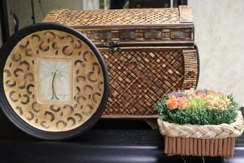 Small Rattan Treasure Chest With Dried Flowers & Ceramic Bowl
