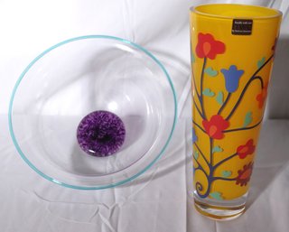Signed Art Glass Bowl With Purple Toned Base And Yellow Floral Italian Made Designer Vase By Sottass Associati