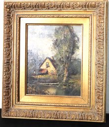 Vintage Painting Of Cottage With Trees & Pond In Gilt Wood Frame
