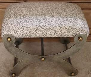 Textured Iron Vanity Bench With Brass Knobs And Upholstered Seat.