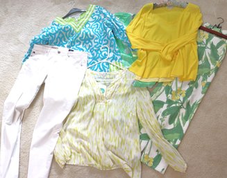 AG White Summer Pants, McLaughlin Floral Pants, Acne Studio  Yellow Sweater And 3 Tunic Cover Ups.