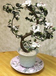 Very Pretty Chinese Jade Tree In Celadon Colored Planter With Decorative Floral Plate