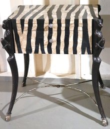 Exotic Style Tall Cabinet Table With Overlay Stone In Zebra Pattern & Carved Wood Legs