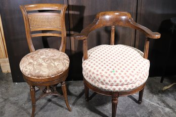 Vintage Swivel Wood Chairs With Upholstered Seats