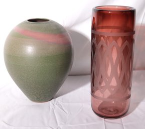 Retro Pottery Vase W A Pink Swirled Design And Vintage Cranberry Toned Signed Etched Art Glass Vase W Pontil E