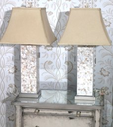 Luxurious Pair Of Tall Abalone Shell Table Lamps With Tan Shades, Excellent Condition!