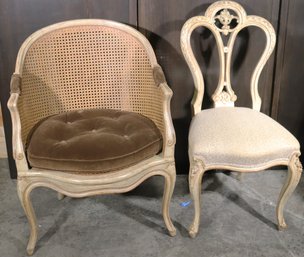 2 Vintage French Style Chairs Include Cane Back Carved Wood Club Chair And Country French Dining Chair