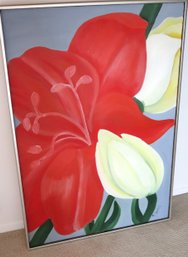 Contemporary Floral Painting With Red Lily And Tulip, On Canvas  Signed By Artist.