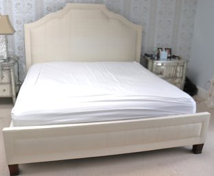 Modern Elegance, Fully Upholstered Nubby Linen King Size Bed On Wooden Feet.