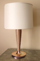 Contemporary Table Lamp With Beaded Accents, Wood Post With A Round Drum Shade