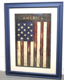 American Flag Framed Print By Warren Kimble In Painted Blue Wood Frame