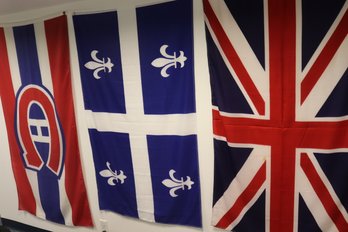 3 Large Flags Including Canadian 68 X 34, Fleur De Lis 60 X 34