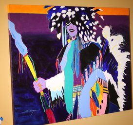 Native Warrior Painting Signed By Southwestern Artist Measures Approximately 52 W X 42 Tall.