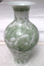 White Porcelain Asian Baluster Vase With Green Dragon Motif.