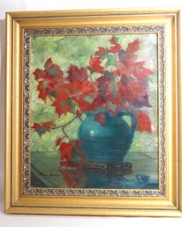 Still Life Oil Painting On Canvas Blue Bowl Signed Marie Crane In Empire Style Gilded Frame.