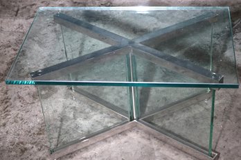 1970s Modern Style Polished Aluminum Glass Table On X Frame With Thick Glass