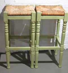 Pair Of Green Painted Rattan Seat / Stools - Great For Extra Seating