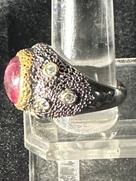 Sterling Silver Substantial Pinkish 2 Tone Moonstone Ring With Several Clear Accent Stones-size 9.5