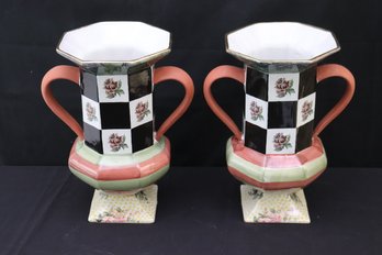 Pair Of Vintage Mackenzie Childs Palm And Devon Painted Clay Urn Vase With Handles