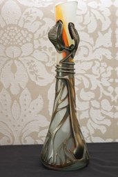 Signed Hand Blown Art Glass Vase By AMA Decorated With Flowing Metal Overlay, Style Of Filip Arnat